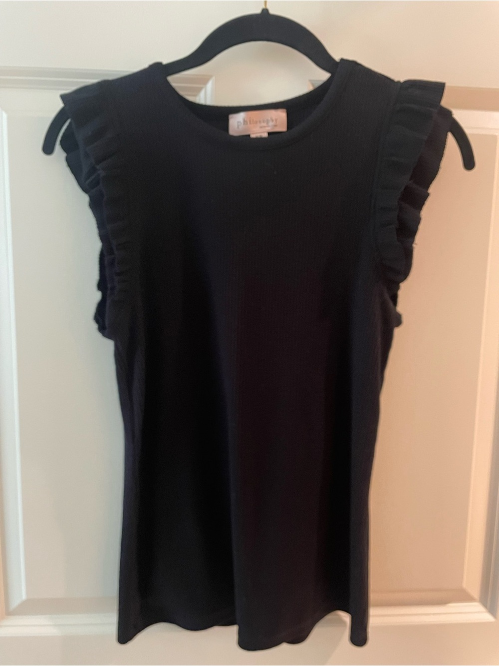 Philosophy Black Ribbed Ruffle-Shoulder Tank
